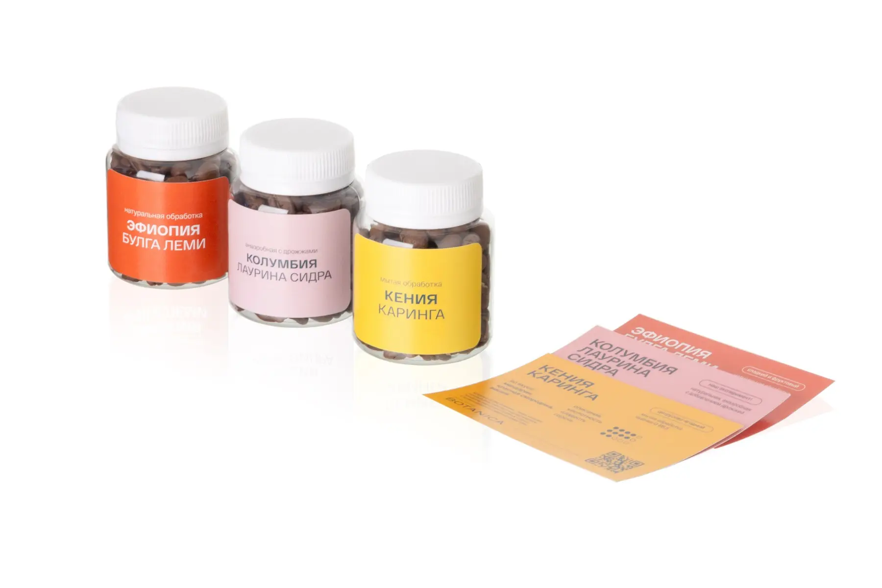 Три баночки кофе и карточки с описанием образцов Botanica